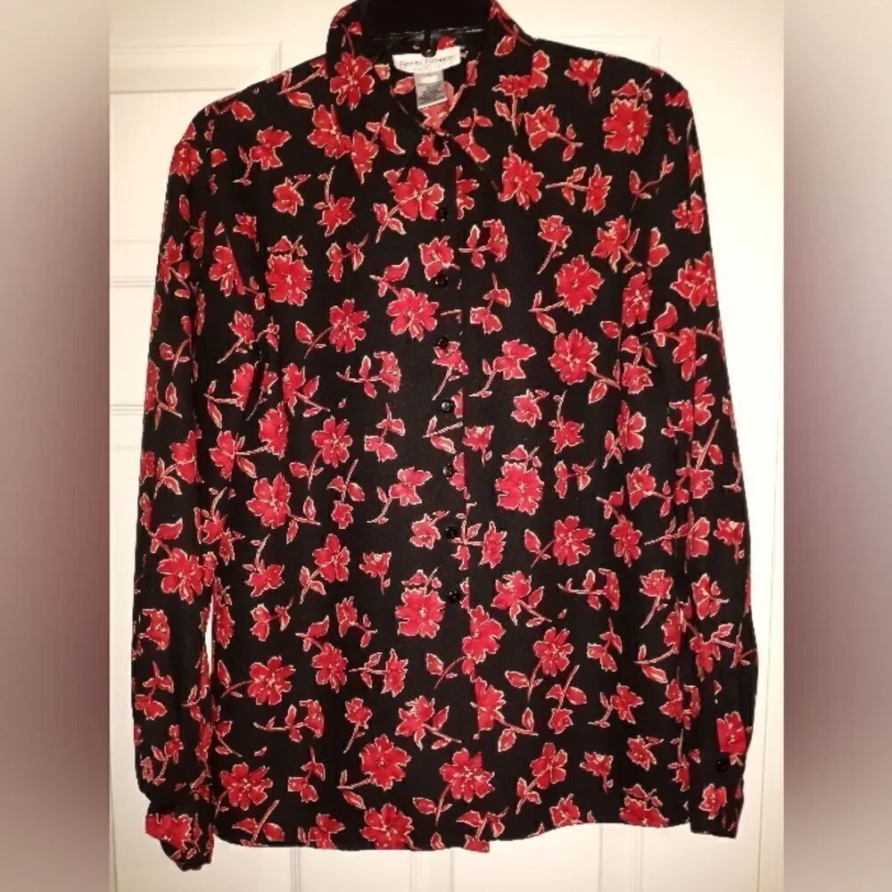 RENA ROWAN forSaville 4 BlackRed Lngslvs Floral Print ButtonUp Women's Top Shirt